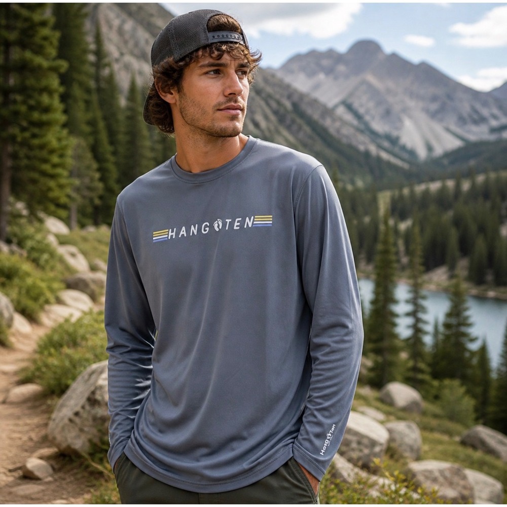 Hang Ten UPF50+ Sun Shirt Mens M Gray Long Sleeve Surf Beach Outdoor Performance